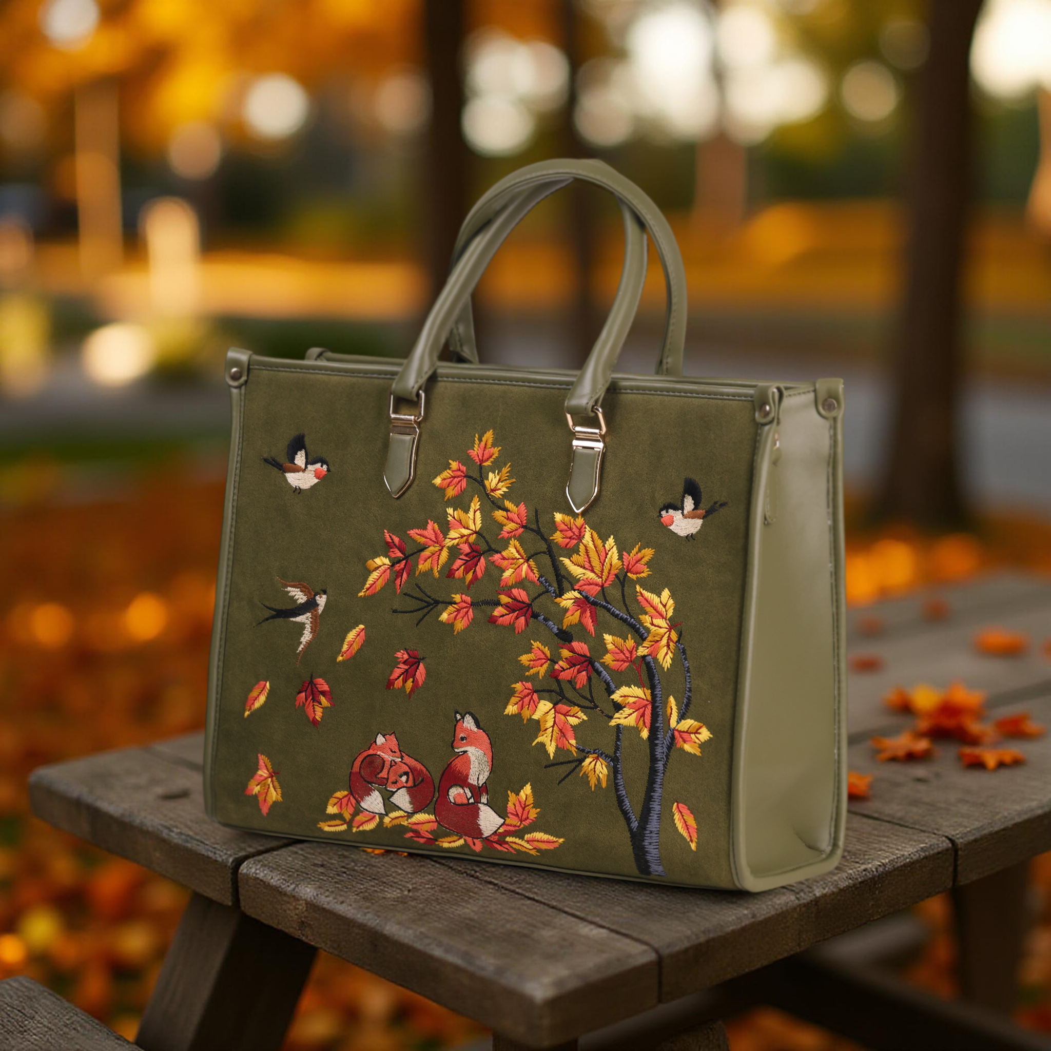 Olive Green Embroidery Autumn Whisper Shoulder Bag
