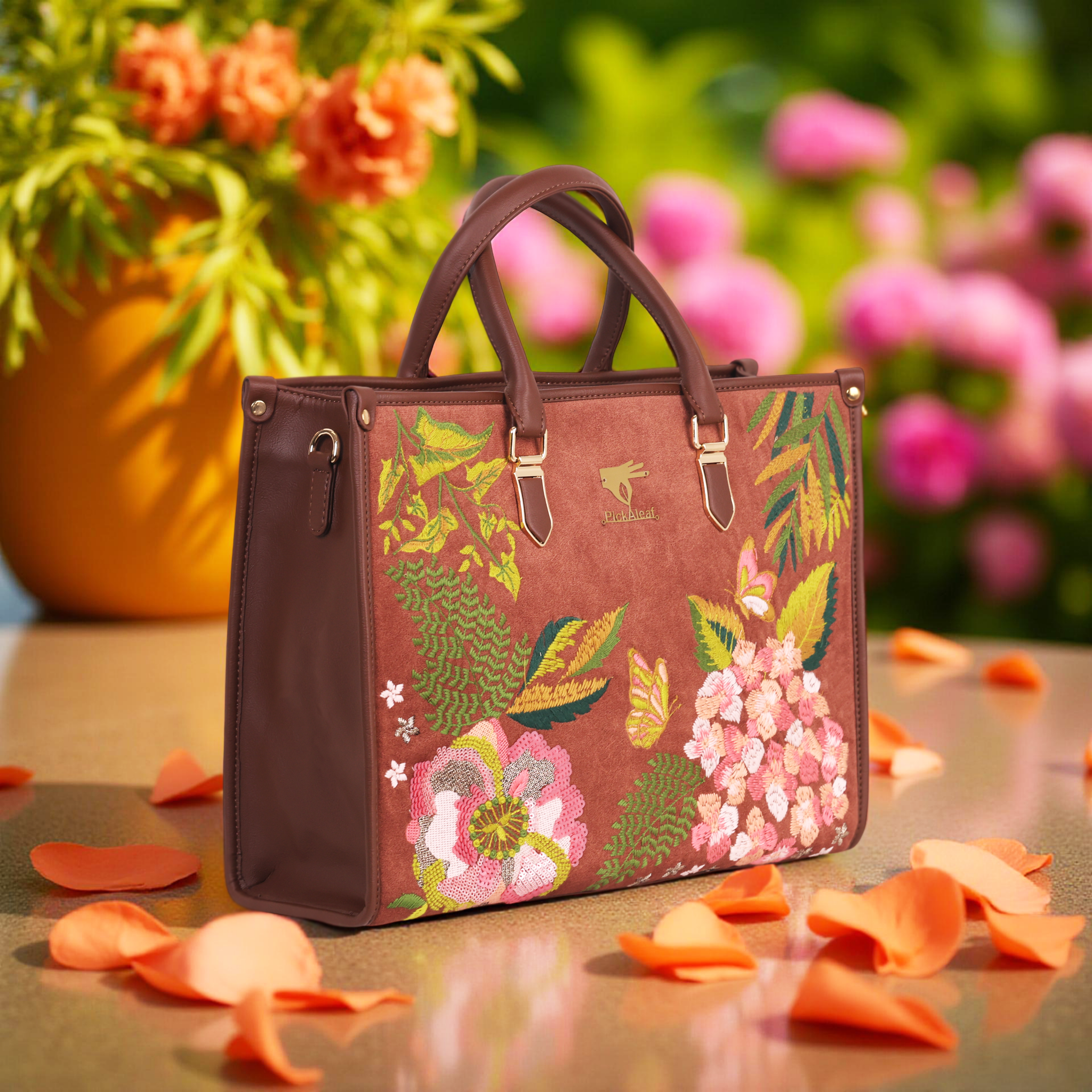 Brown Embroidery Blossom Wood Shoulder Bag