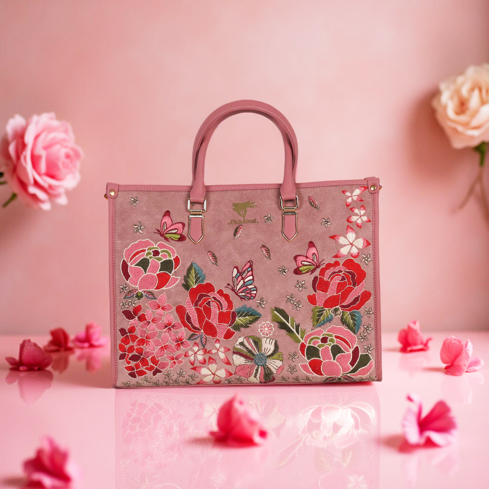 Pink Embroidery Vegan Leather Shoulder Bag