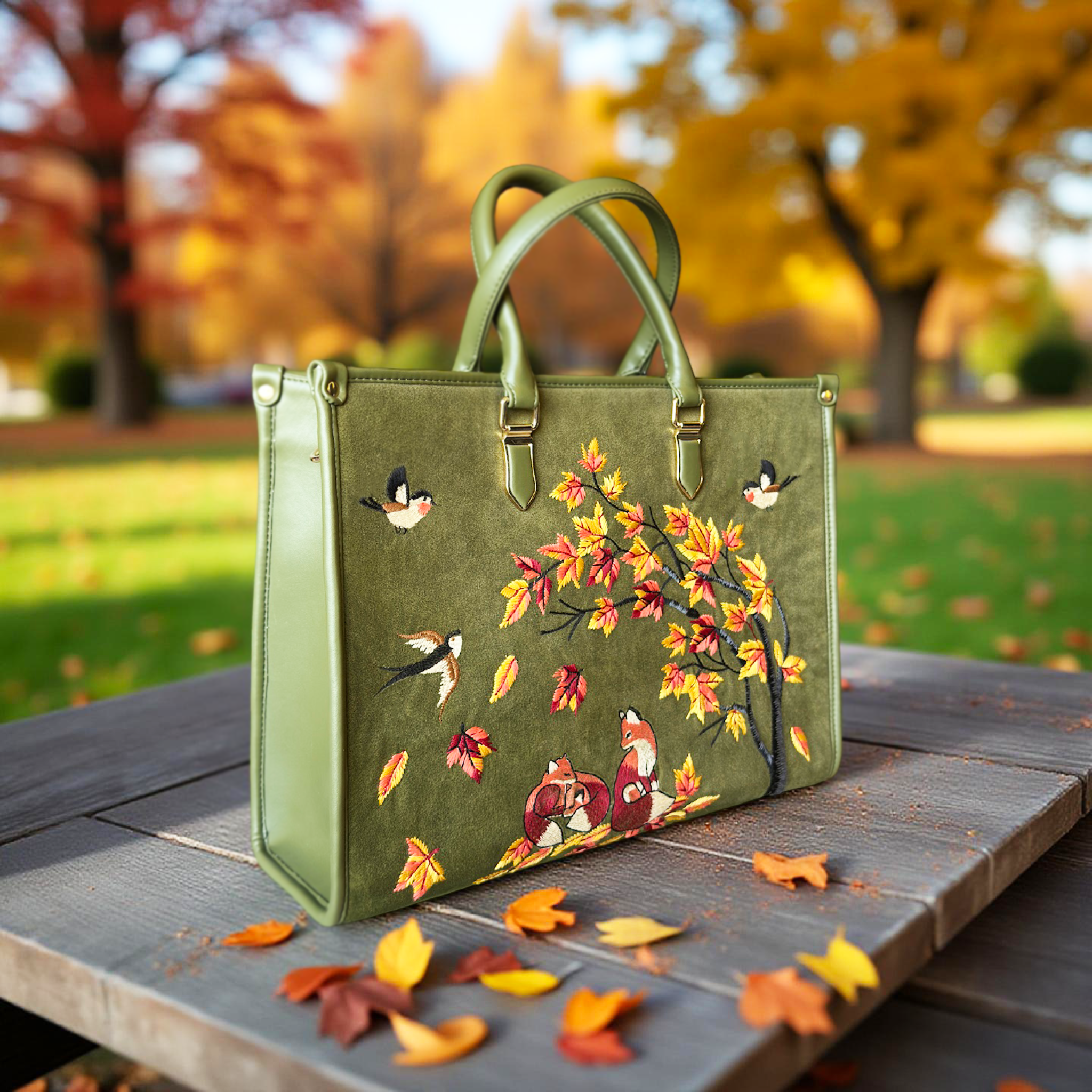 Olive Green Embroidery Autumn Whisper Shoulder Bag