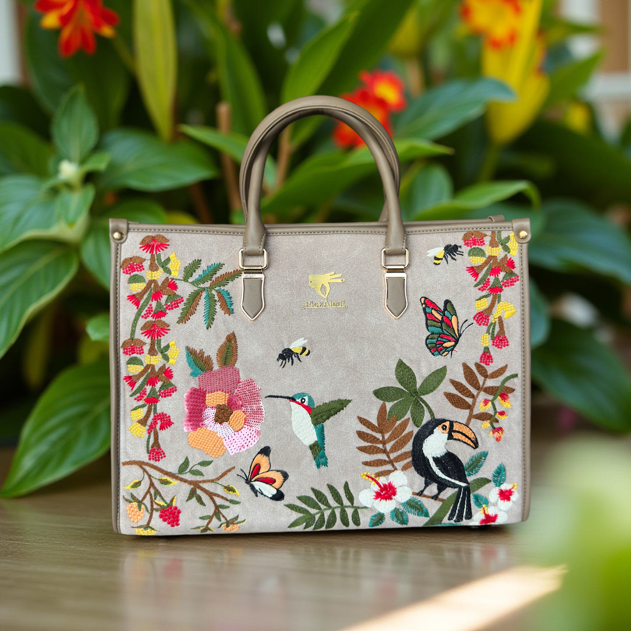 Beige Embroidery Mystic Garden Shoulder Bag