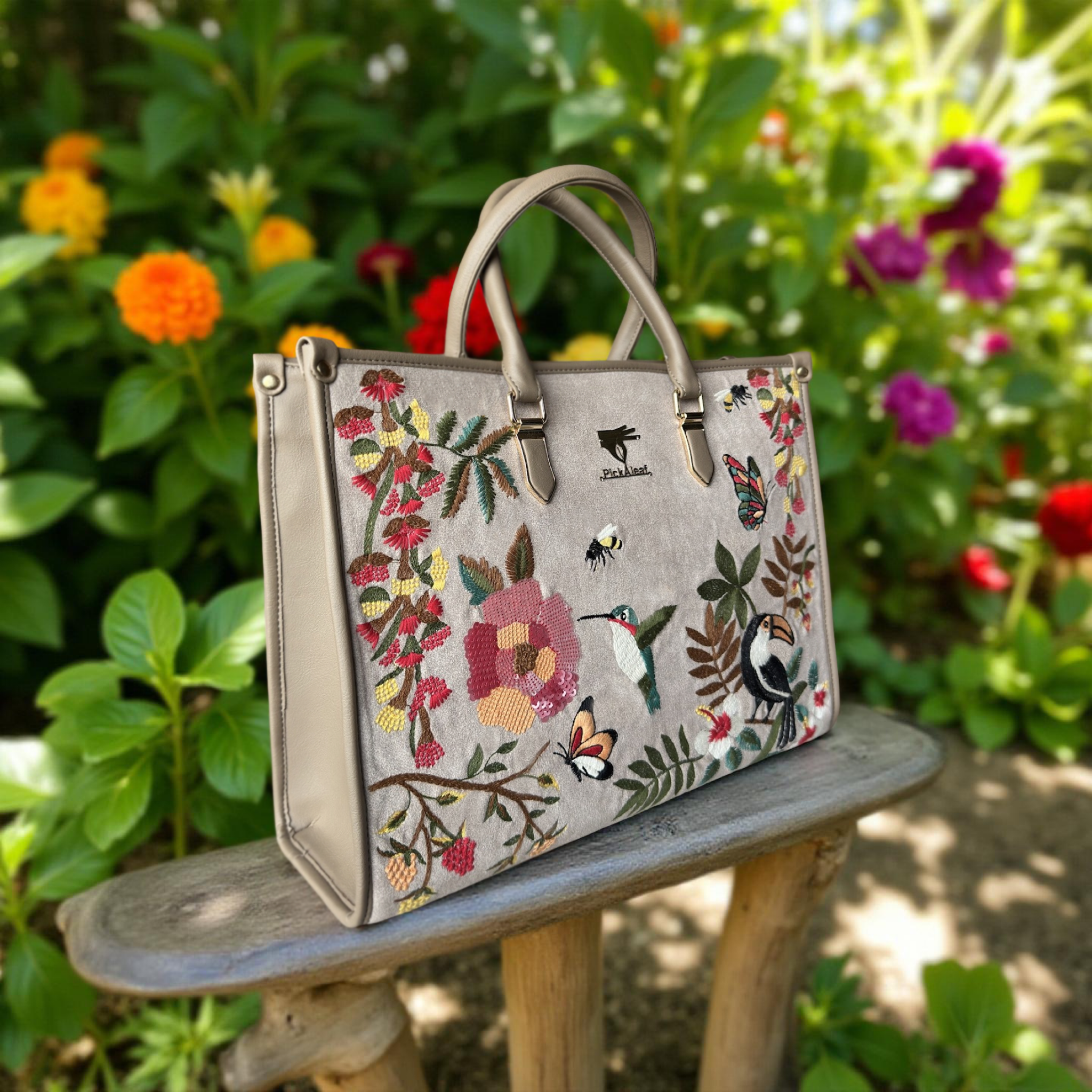 Beige Embroidery Mystic Garden Shoulder Bag