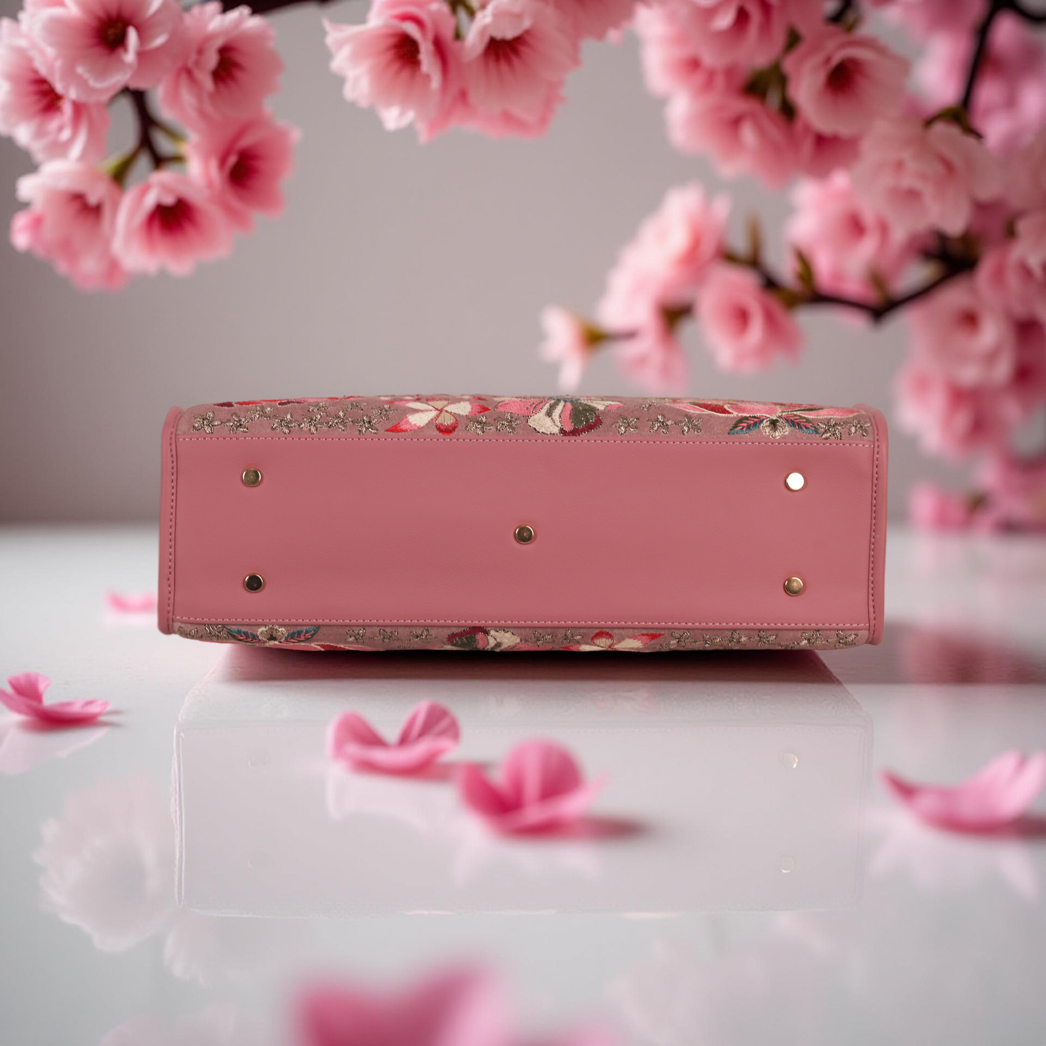 Pink Embroidery Vegan Leather Shoulder Bag