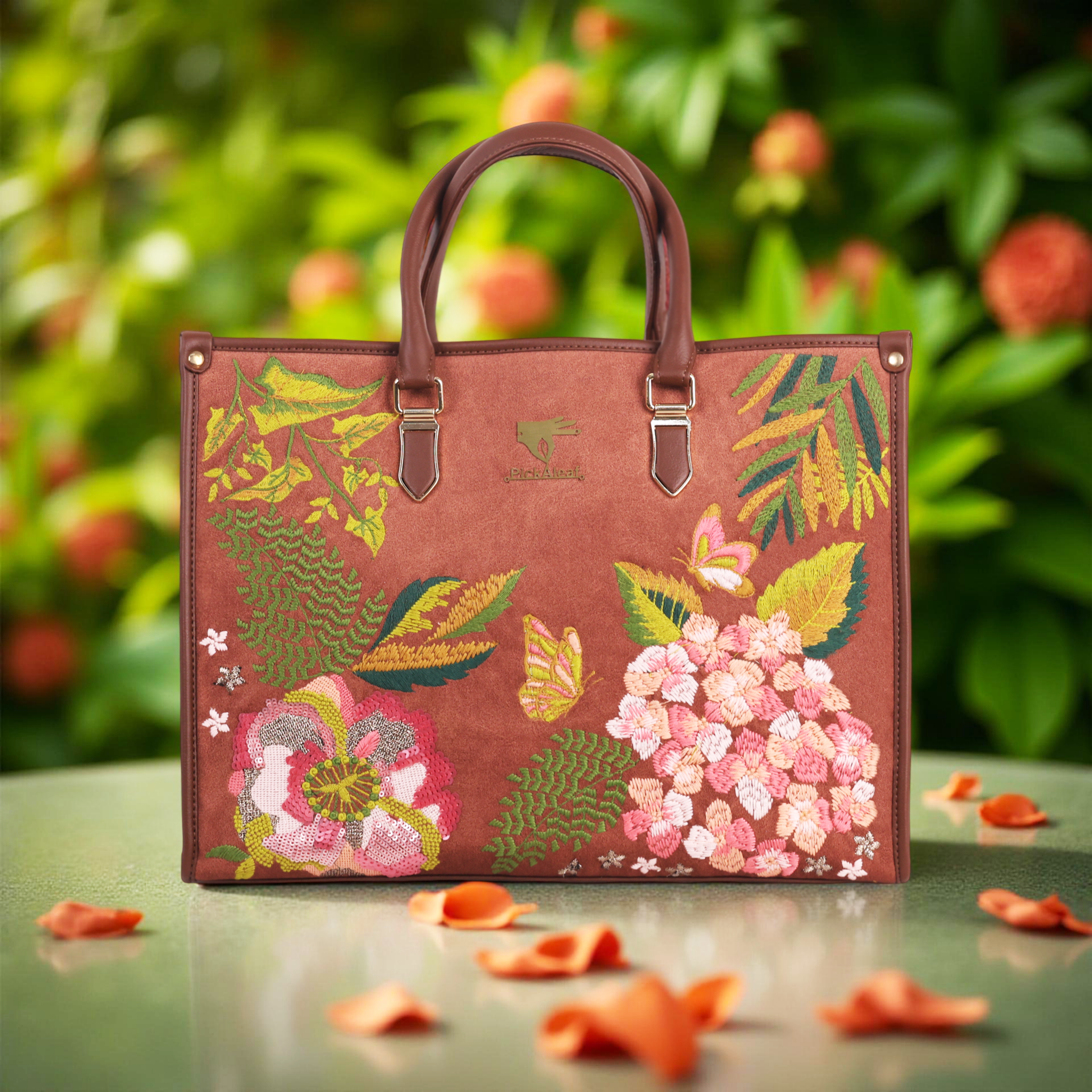 Brown Embroidery Blossom Wood Shoulder Bag