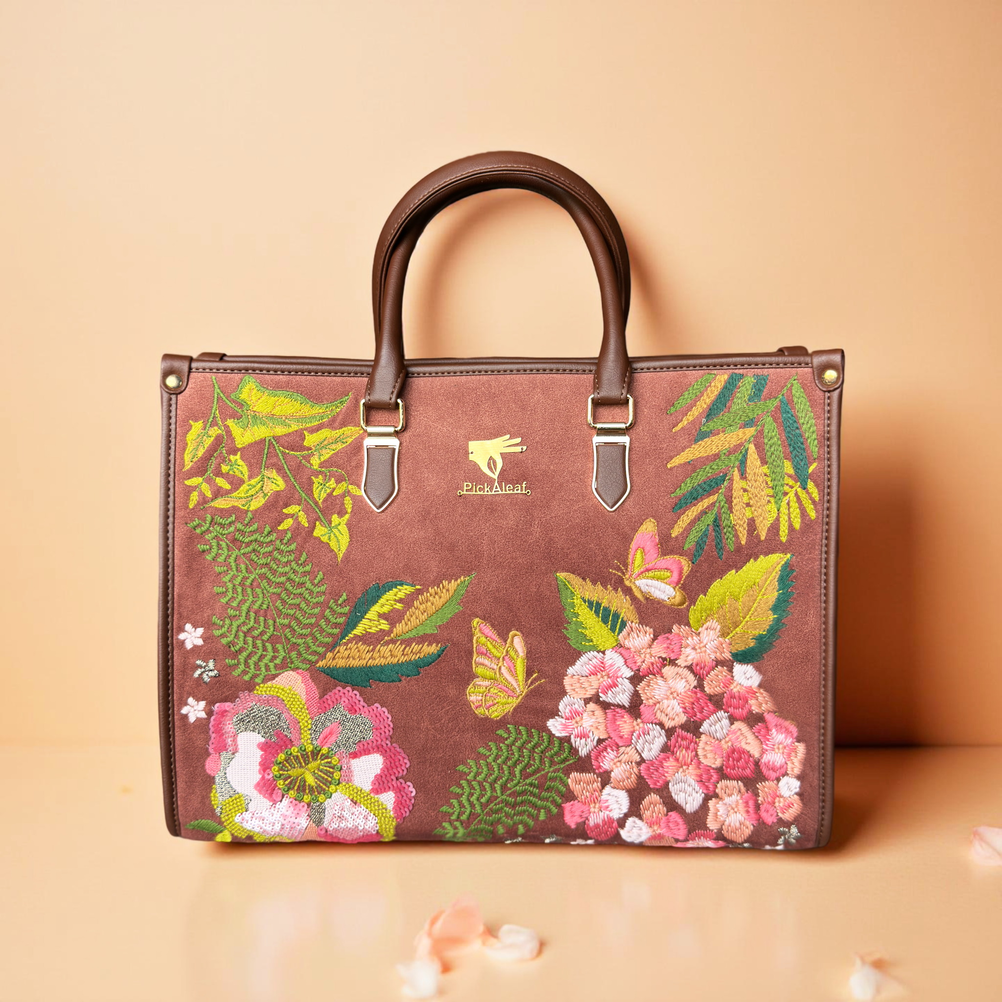 Brown Embroidery Blossom Wood Shoulder Bag