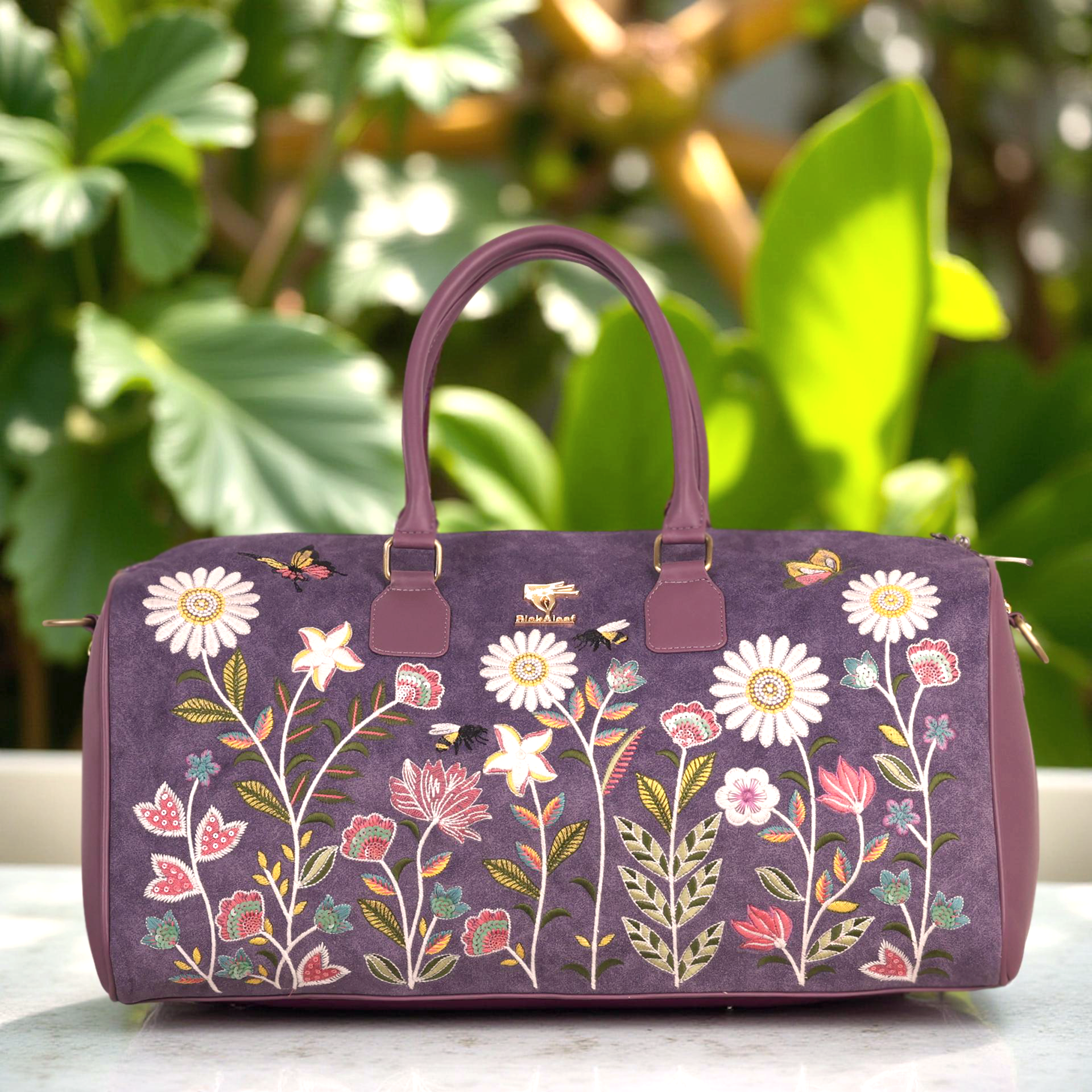 Purple Embroidery Daisy Dream Duffel Bag