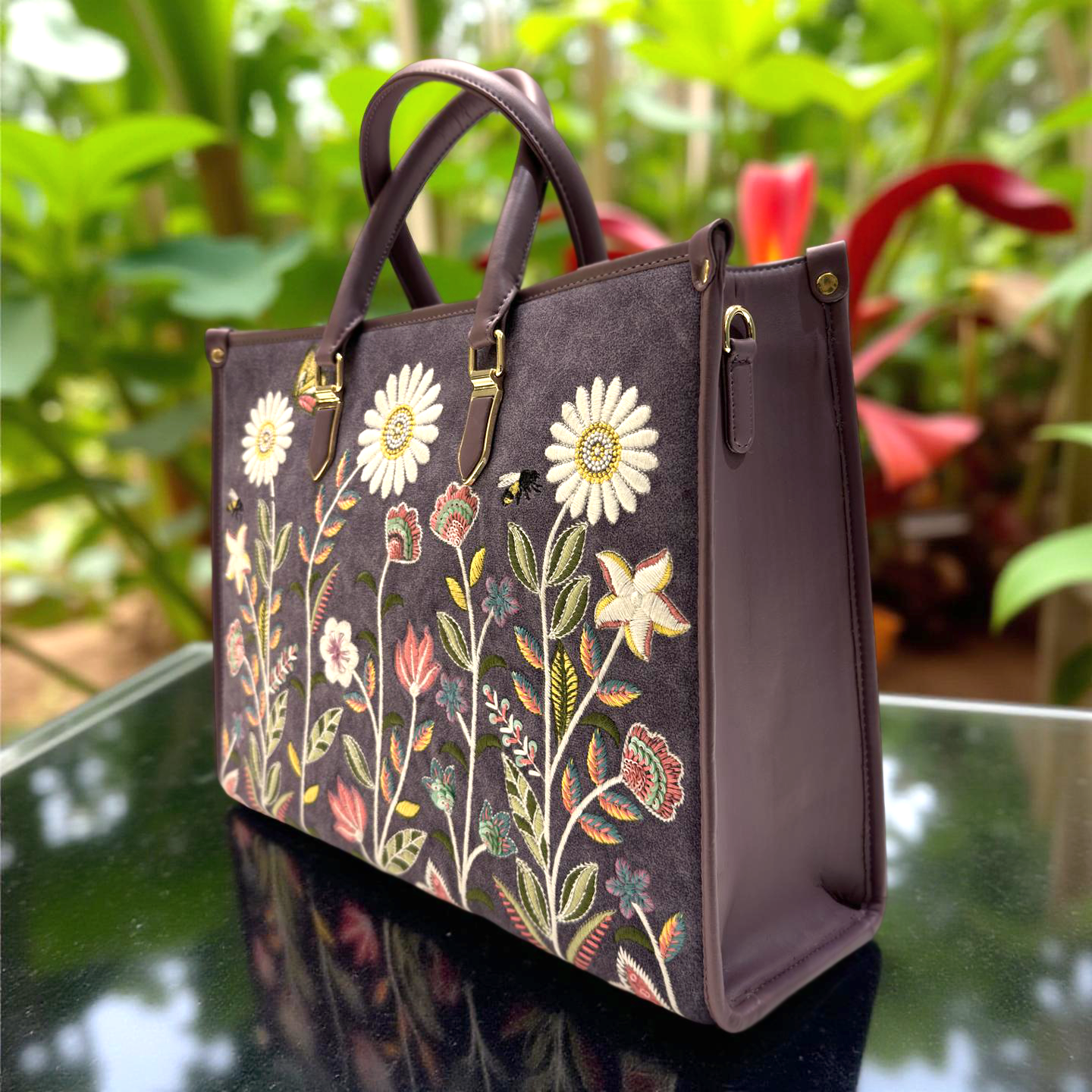 Purple Embroidery Daisy Dream Shoulder Bag