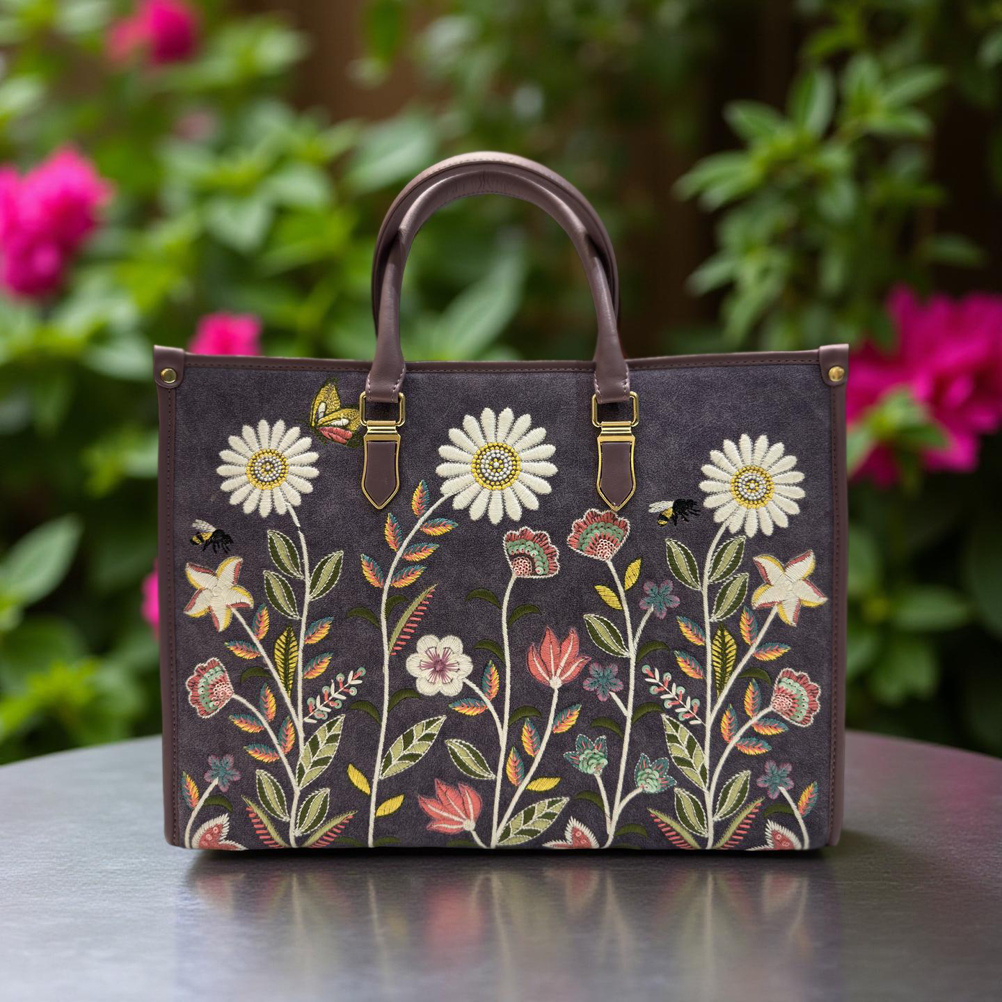Purple Embroidery Daisy Dream Shoulder Bag