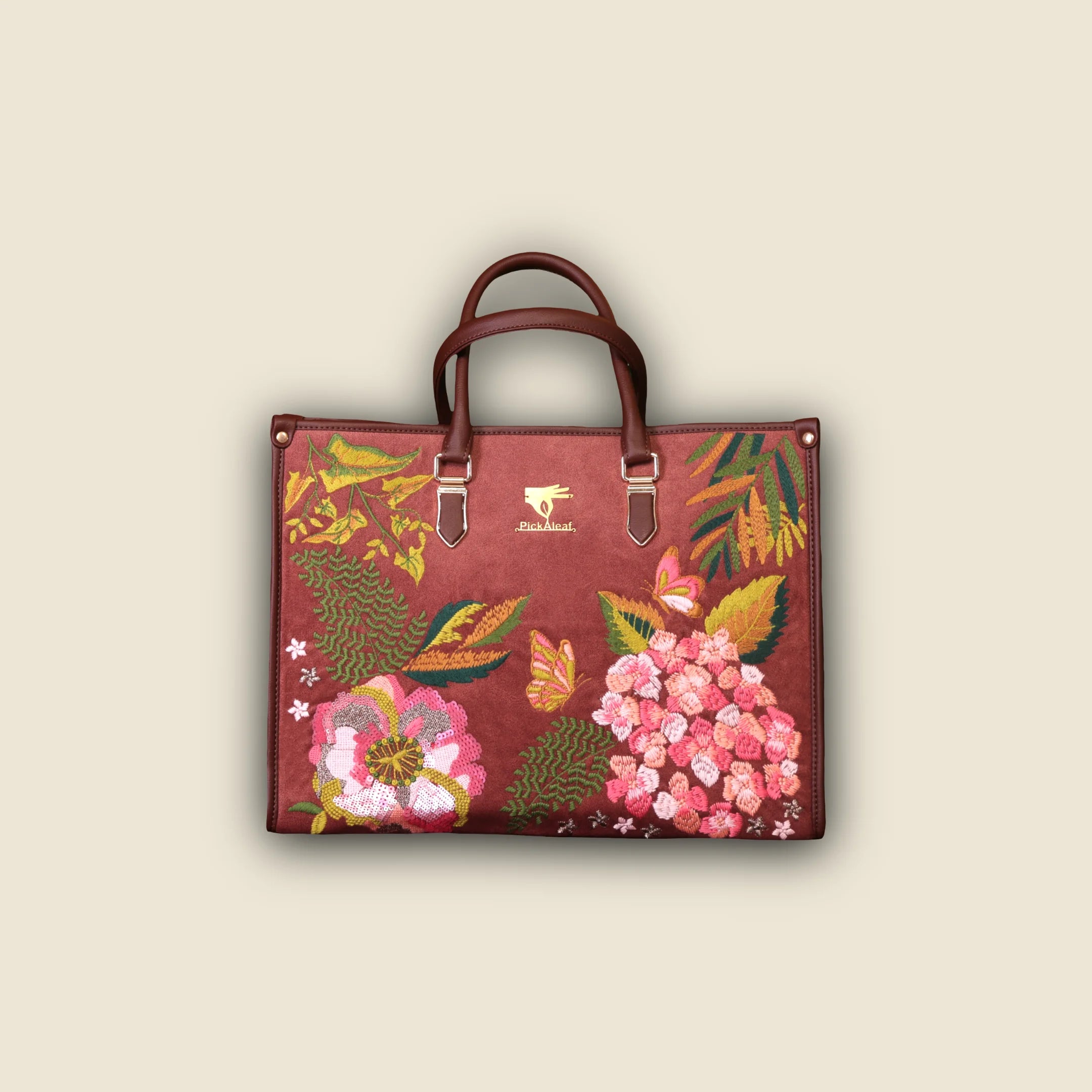 Brown Embroidery Blossom Wood Shoulder Bag