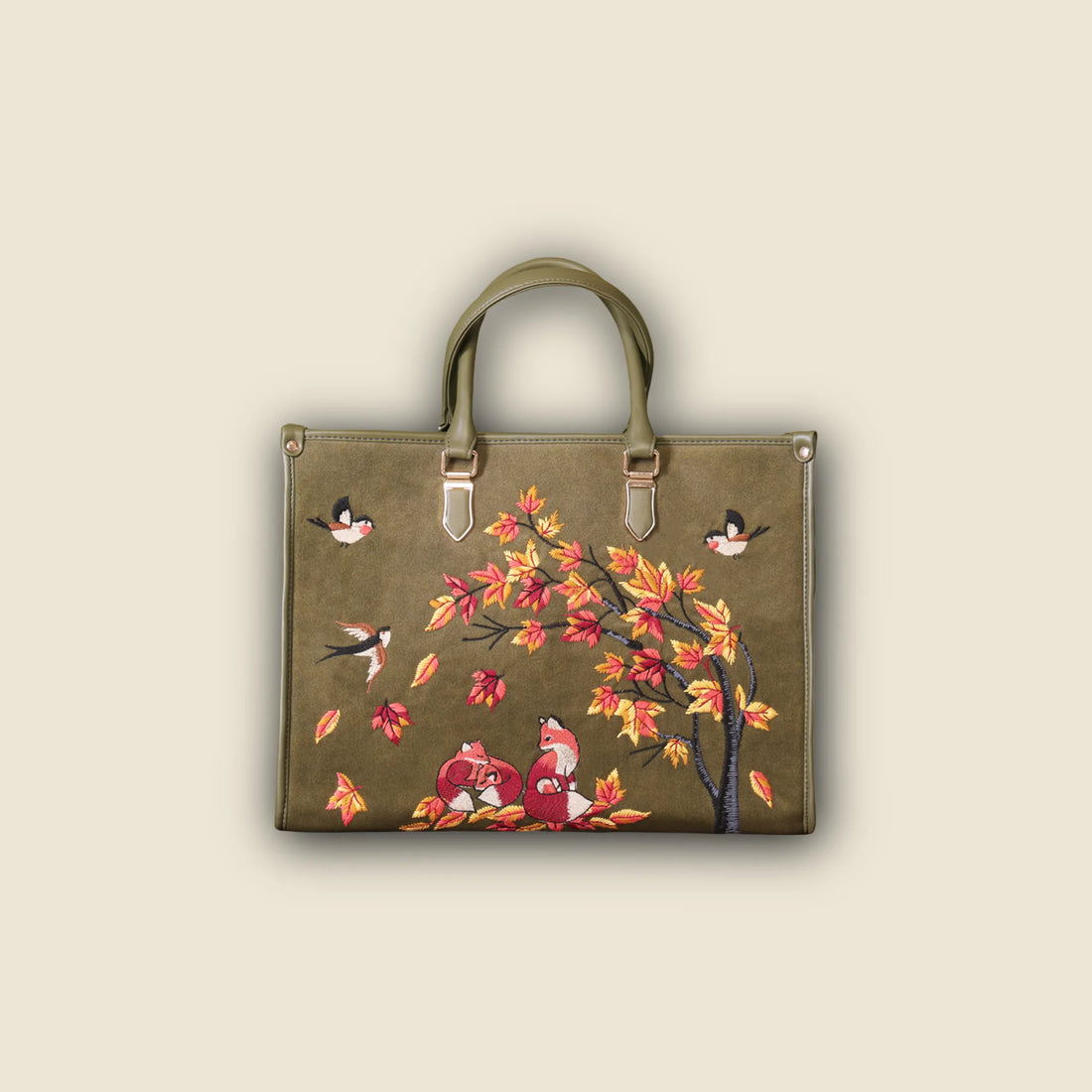 Olive Green Embroidery Autumn Whisper Shoulder Bag