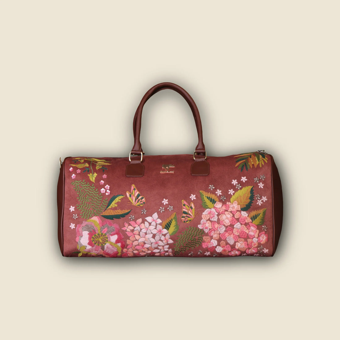 Brown Embroidery Blossom Wood Duffel Bag