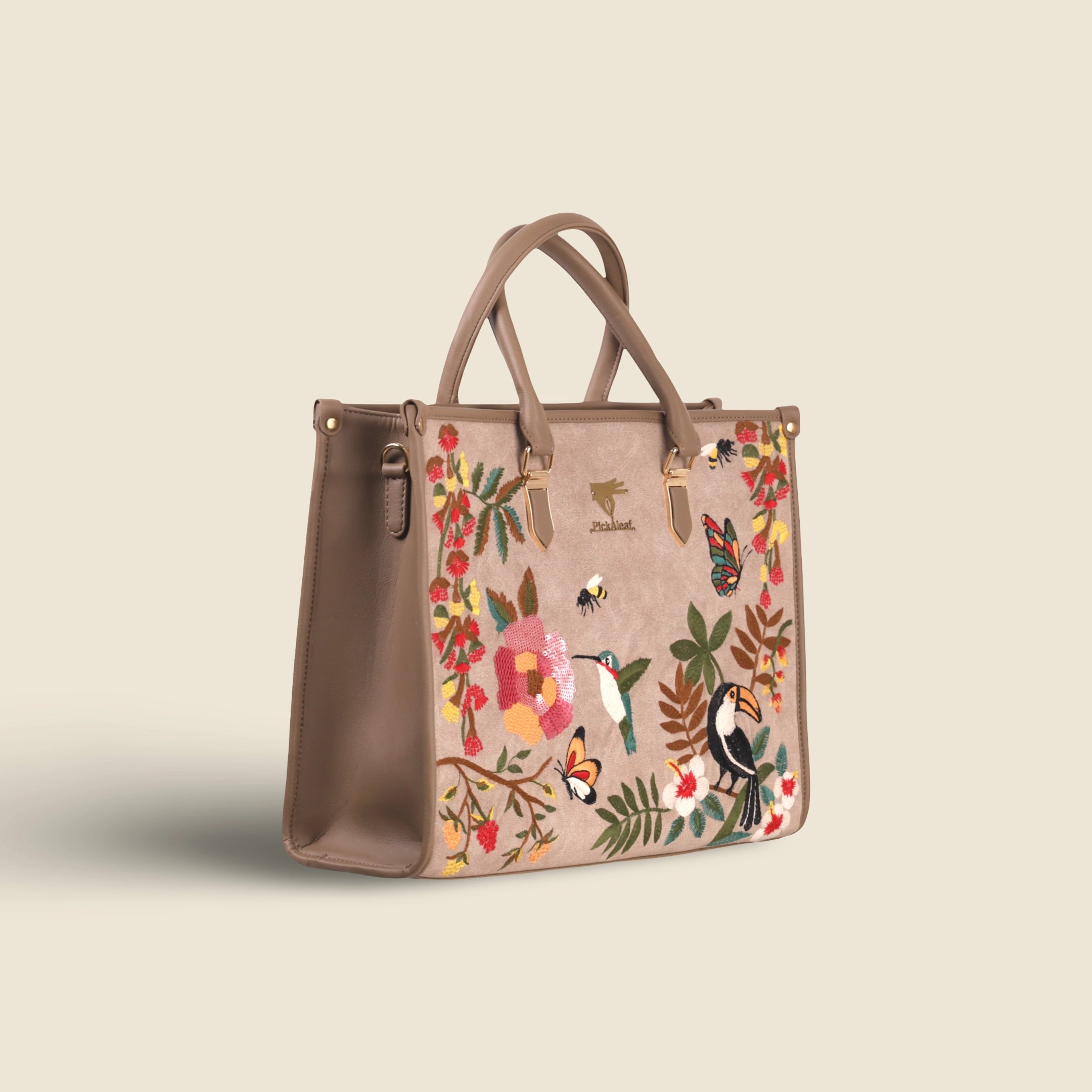 Beige Embroidery Mystic Garden Shoulder Bag
