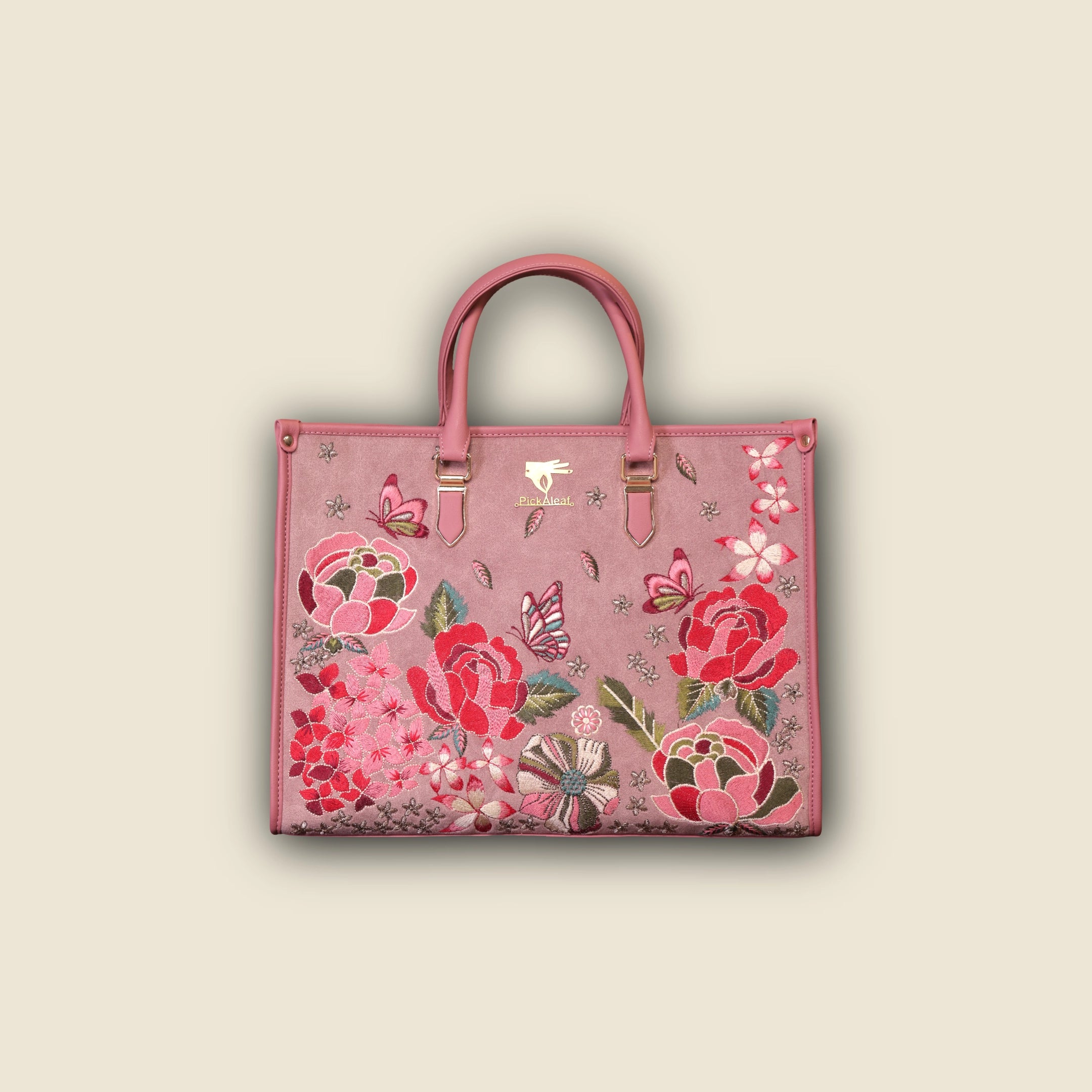 Pink Embroidery Vegan Leather Shoulder Bag