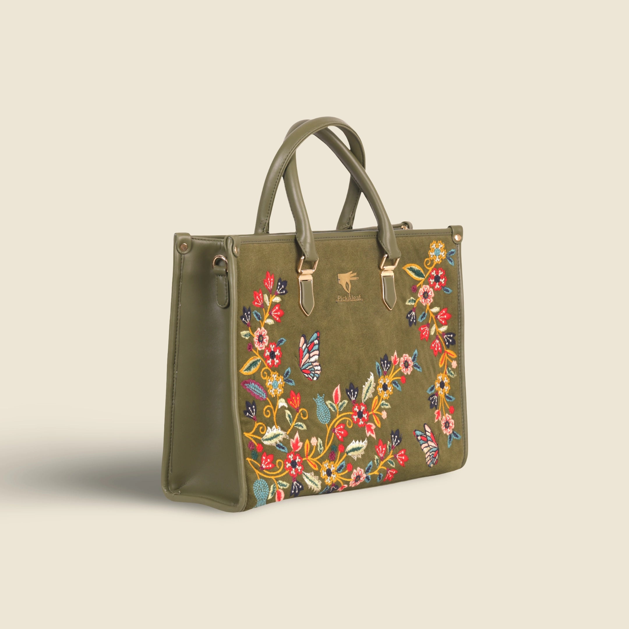 Olive Green Embroidery Waves Shoulder Bag