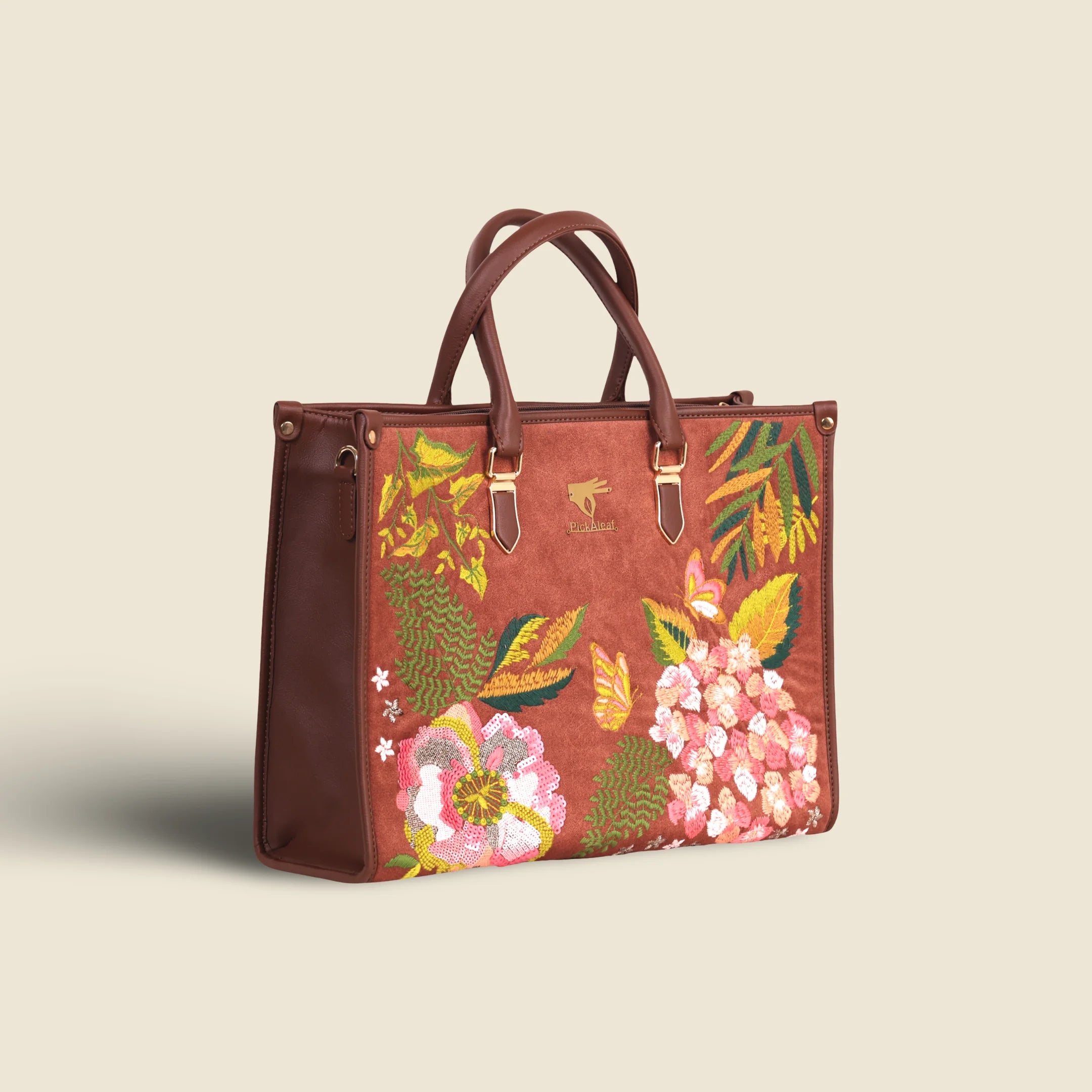 Brown Embroidery Blossom Wood Shoulder Bag